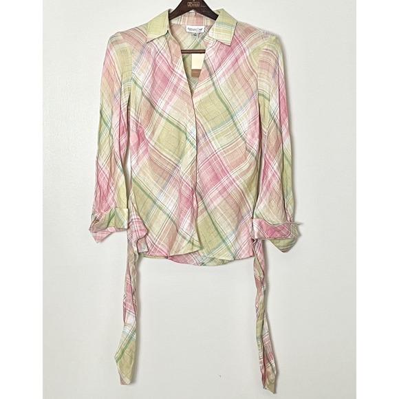 NWT Linen Wrap Top Women's Small Pink Green Plaid Cottagecore Preppy Old Money - Picture 1 of 3